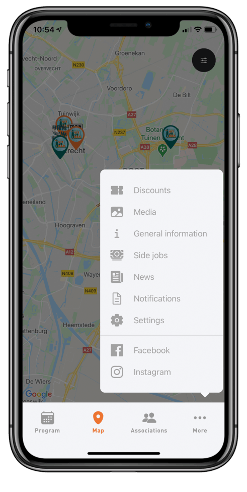 UIT Universiteit Utrecht introductie-app — kaart met menu